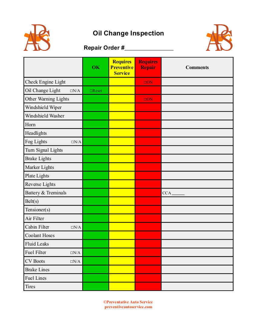 Oil Change Checklist Template